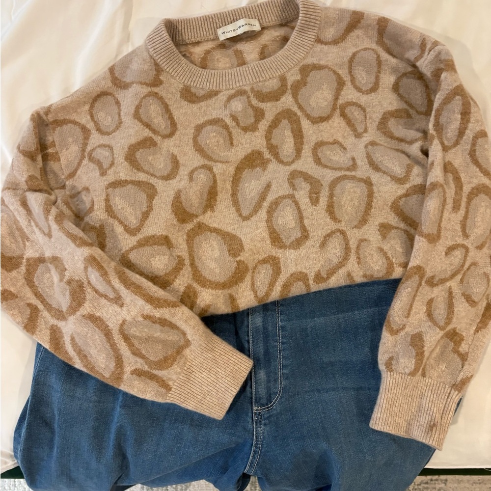 White + Warren Cashmere Leopard Sweater Tan Crewneck Animal Print Size S